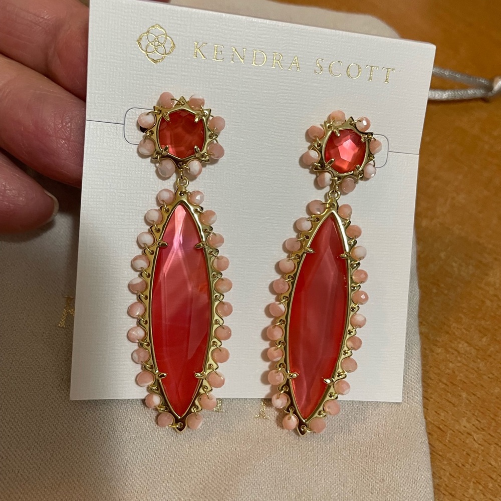 Kendra Scott Genevieve Gold Beaded Statement Earrings Papaya Mother of Pearl NWT